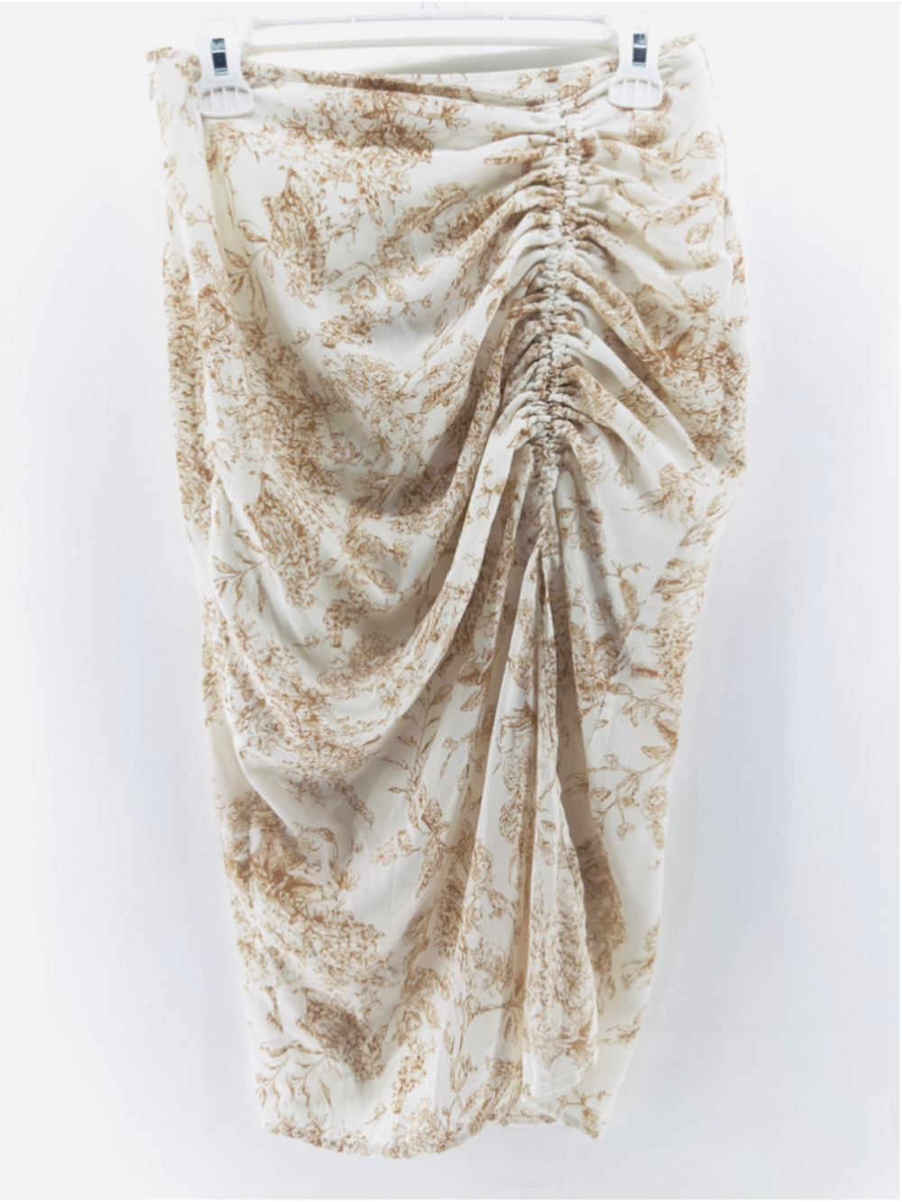 NWT BooHoo TOILE White & Brown SEXY Floral Ruched PORCELAIN CINCH Skirt WOMENS 6